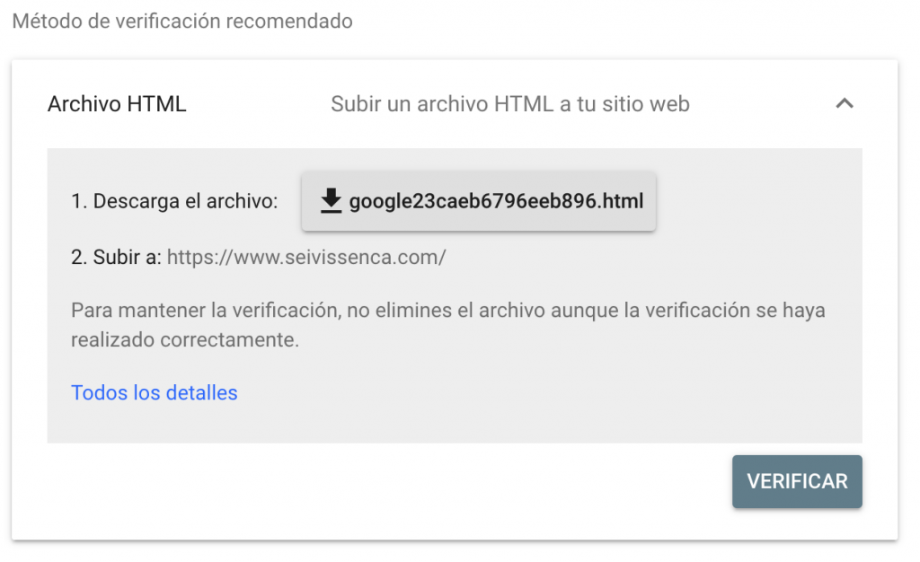 ejemplo método de verificación recomendado Google Search Console para SEO