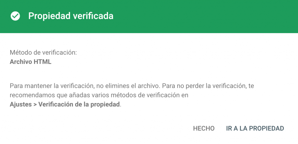 Ejemplo propiedad verificada Search Console
