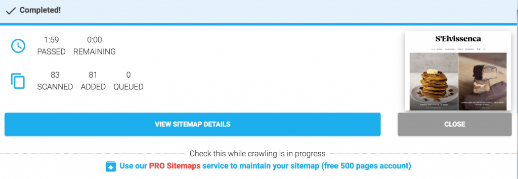 captura de pantalla proceso completo sitemap