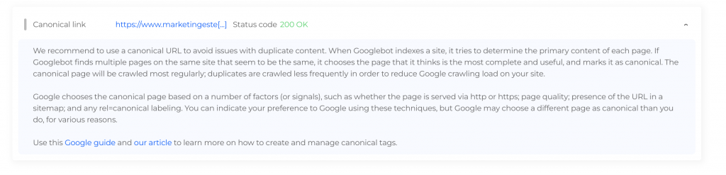 Captura de pantalla comprobador canonical sitechecker para SEO