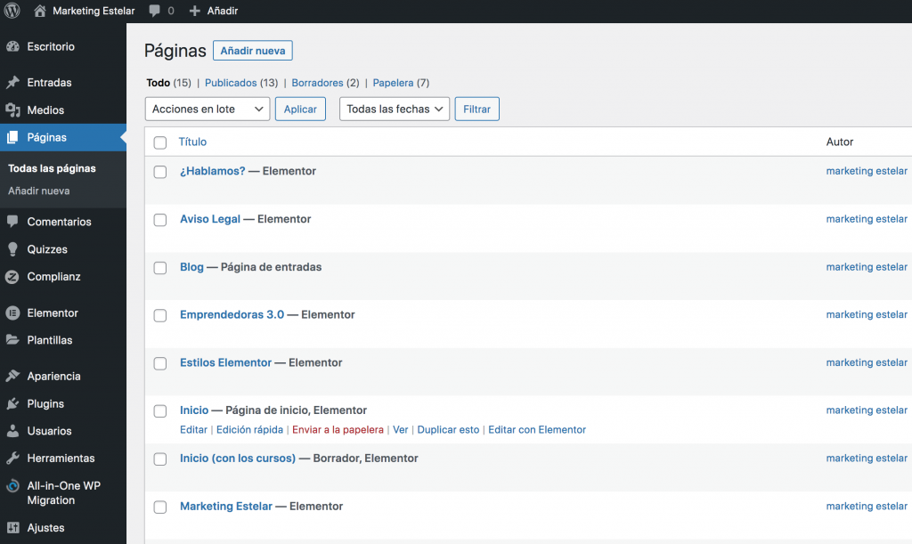 Captura pantalla del Back End de WordPress